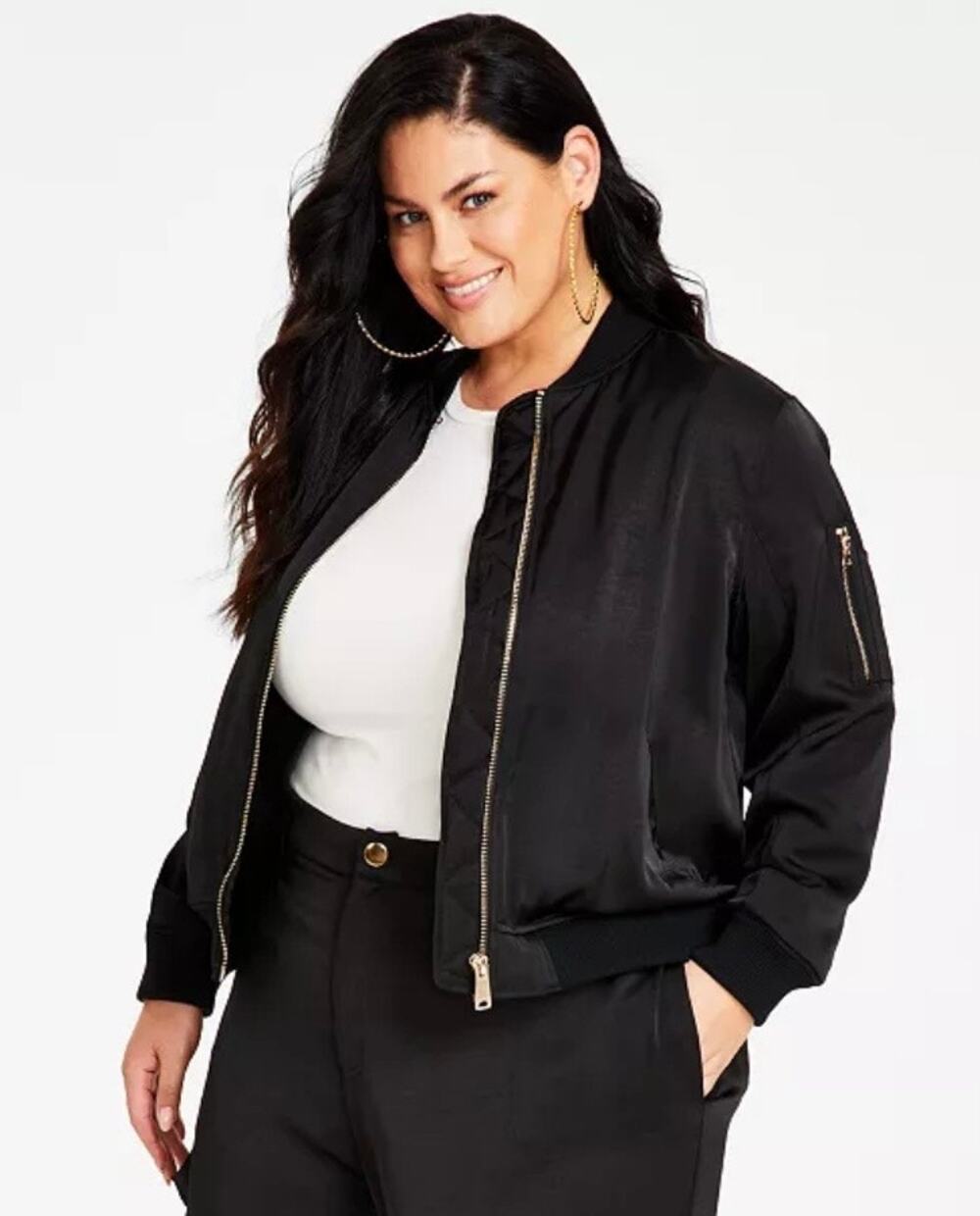 Nina Parker Womens Plus Size Trendy Lightweight Zippered Pocket Bomber Jacket 1X